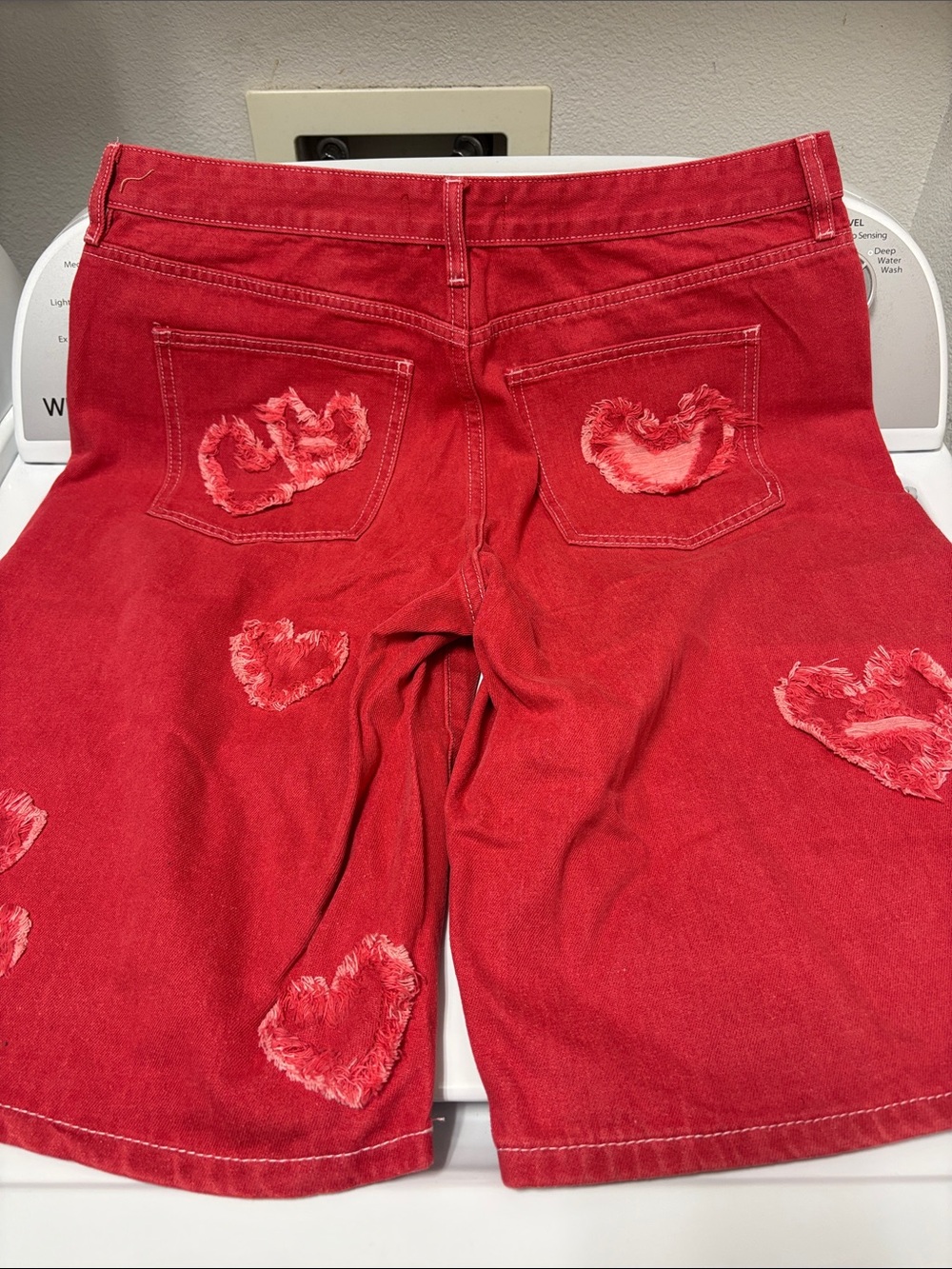 Fashion Nova red Denim Jorts  with Heart Patch - Picture 4 of 8